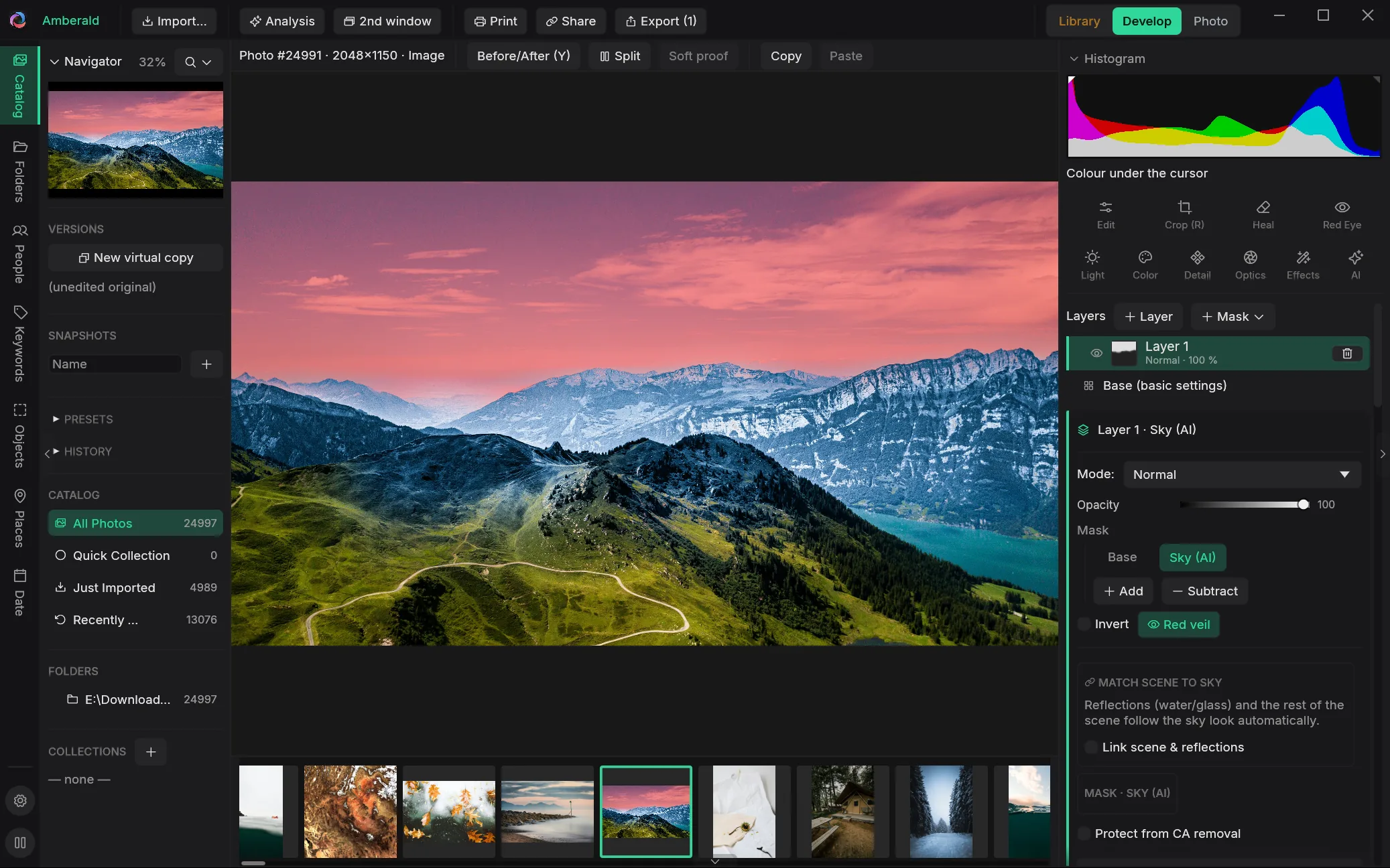 Amberald develop module with an AI sky mask selecting the sky over a mountain ridge