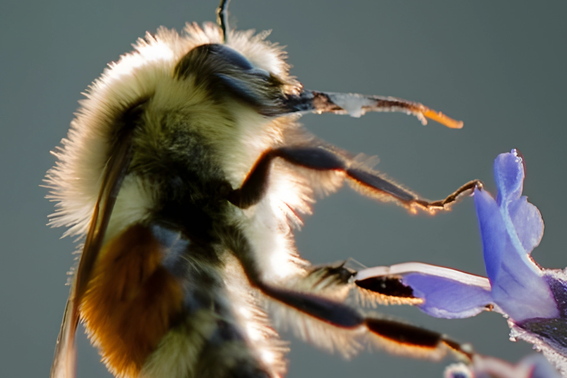 Close-up of a bee on a blossom, enlarged four times with Superscale: fur, legs and antenna stay crisp